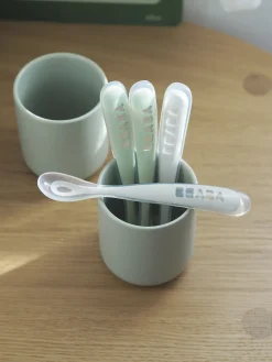 BÉABA Couverts, Vaisselle Et Bavoirs*Lot 4 Cuilleres 1Er Age Silicone Velvet Grey / Sage Green