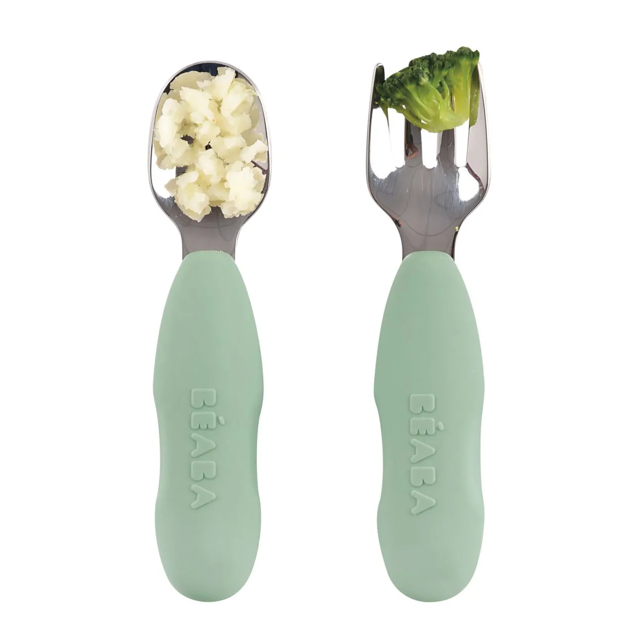 BÉABA Couverts, Vaisselle Et Bavoirs*Lot De 2 Pre-Couverts Inox Sage Green
